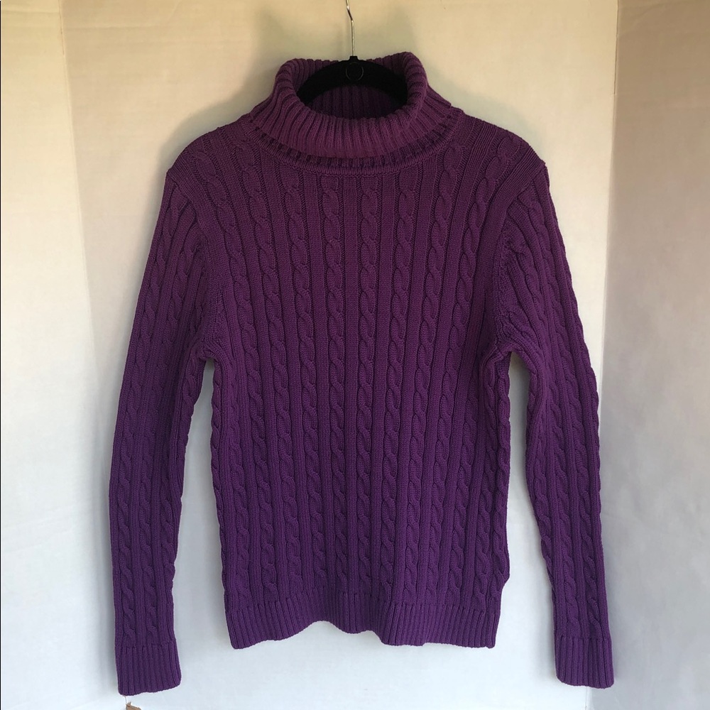 L.L. Bean Two Cotton Cable Knit Turtleneck Sweaters Purple and Blue Medium - Picture 3 of 12